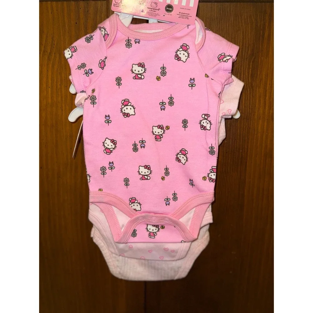 Hello Kitty Sanrio Baby Girls 3 Pack Pink Bodysuits Sequin Bow Hearts 3M NEW